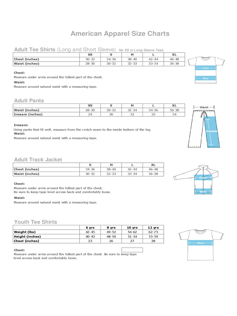 2025 American Apparel Size Chart Fillable Printable PDF Forms 