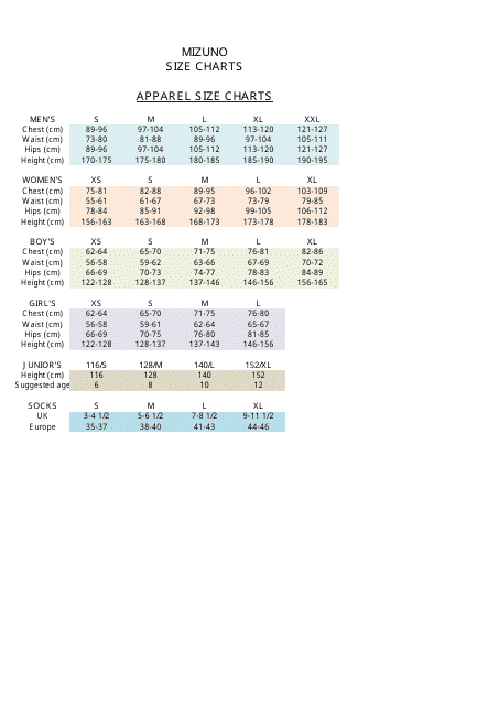 Apparel Size Chart Mizuno Download Printable PDF Templateroller