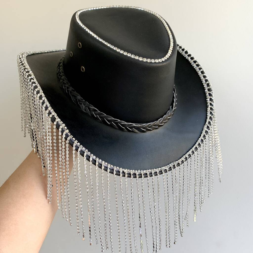 Black Leather Rhinestone Fringe Cowboy Hat By Sequin Souls