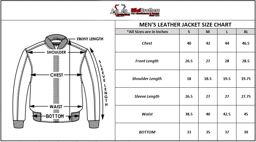 Bomber Leather Jacket Size Chart Mens Leather Jacket Bilal Brothers