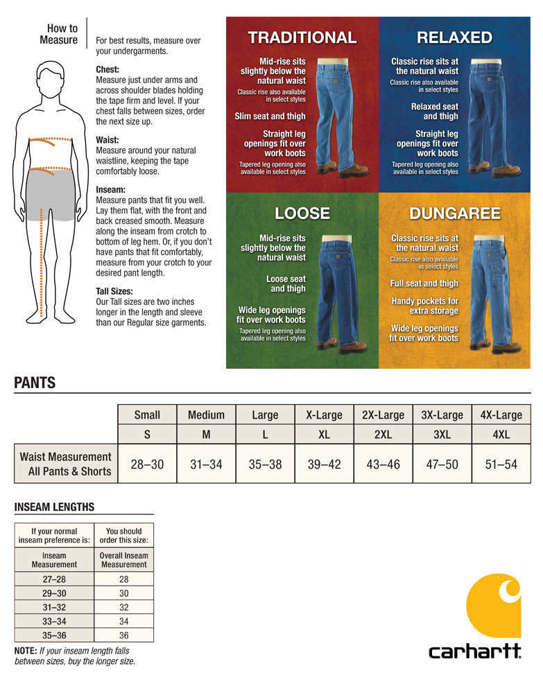 CARHARTT MEN 39 S PANTS SIZING CHART