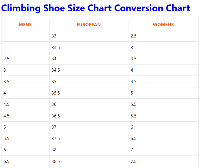 Climbing Shoe Size Chart Conversion Measurements