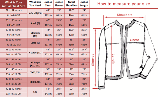 Detailed Coat Jacket Size Chart Table Diagram 46 OFF