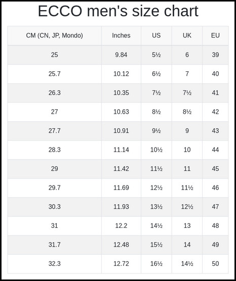 Ecco Shoe Sizing Chart Ecco Mens Shoe Size Chart