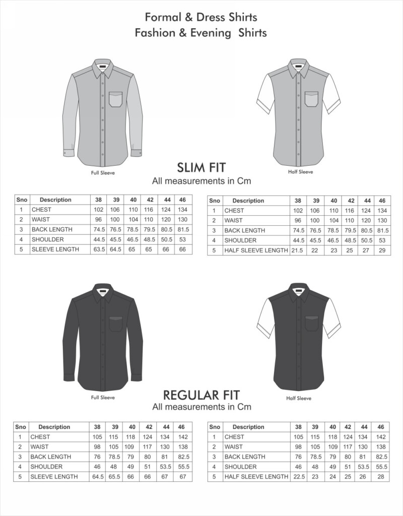 Formal Fashion Shirts Size Chart
