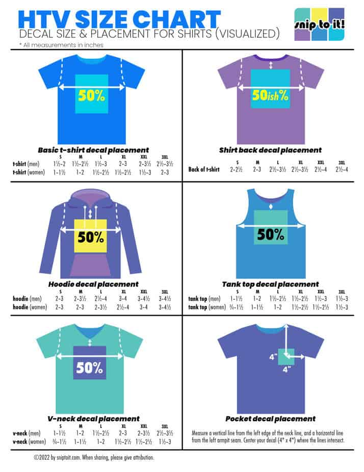 HTV Size Chart Printable Guide To Shirt Decal Size Snip To It 