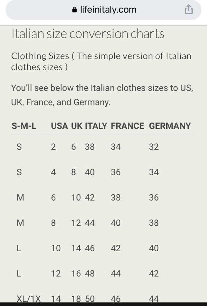 Italian Size Conversion Chart For Clothing Sizes