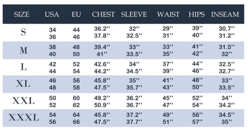 Men 39 s Clothing Size Conversion Chart Pants Shirts Jackets 