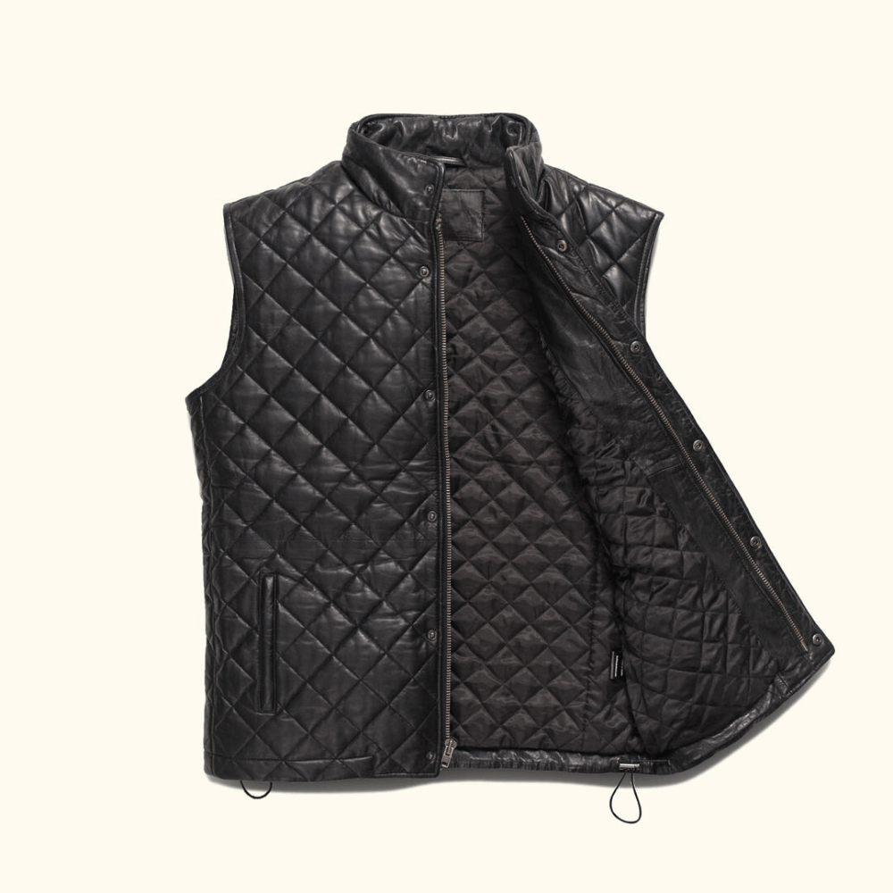 Mens Black Quilted Leather Vest Leather Vest With Collar
