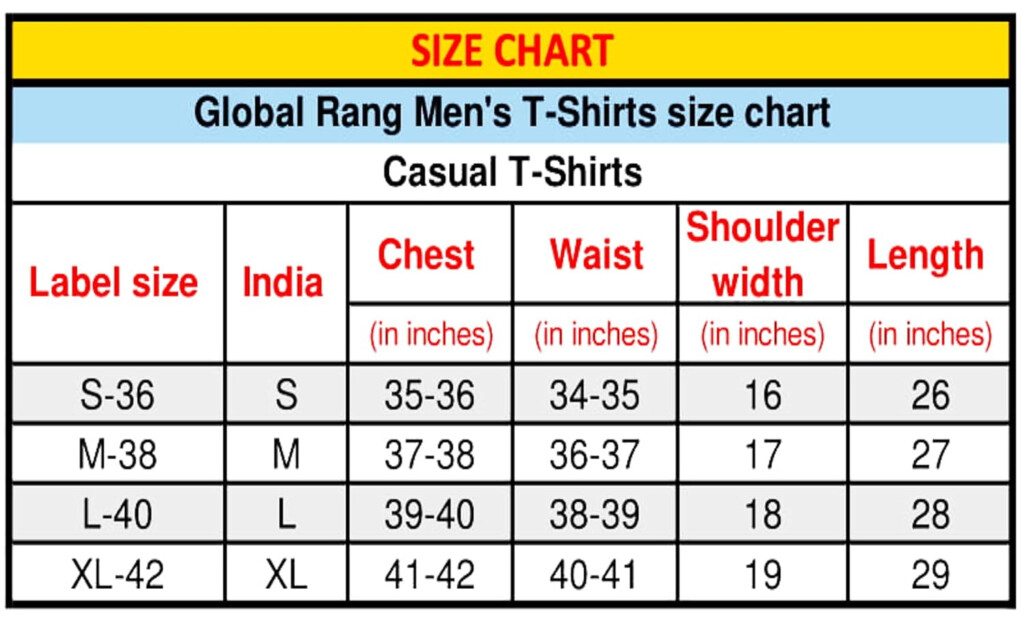 Mens T Shirt Size Chart India Greenbushfarm