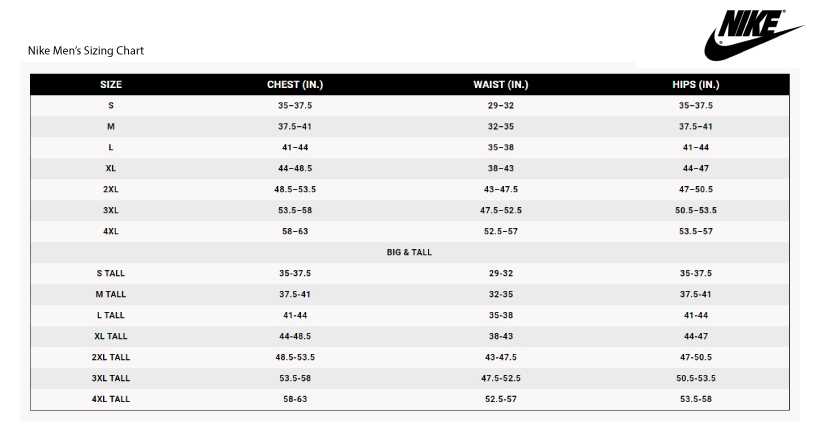 Nike Men s Sizing Chart Chardon Storm Spirit Store