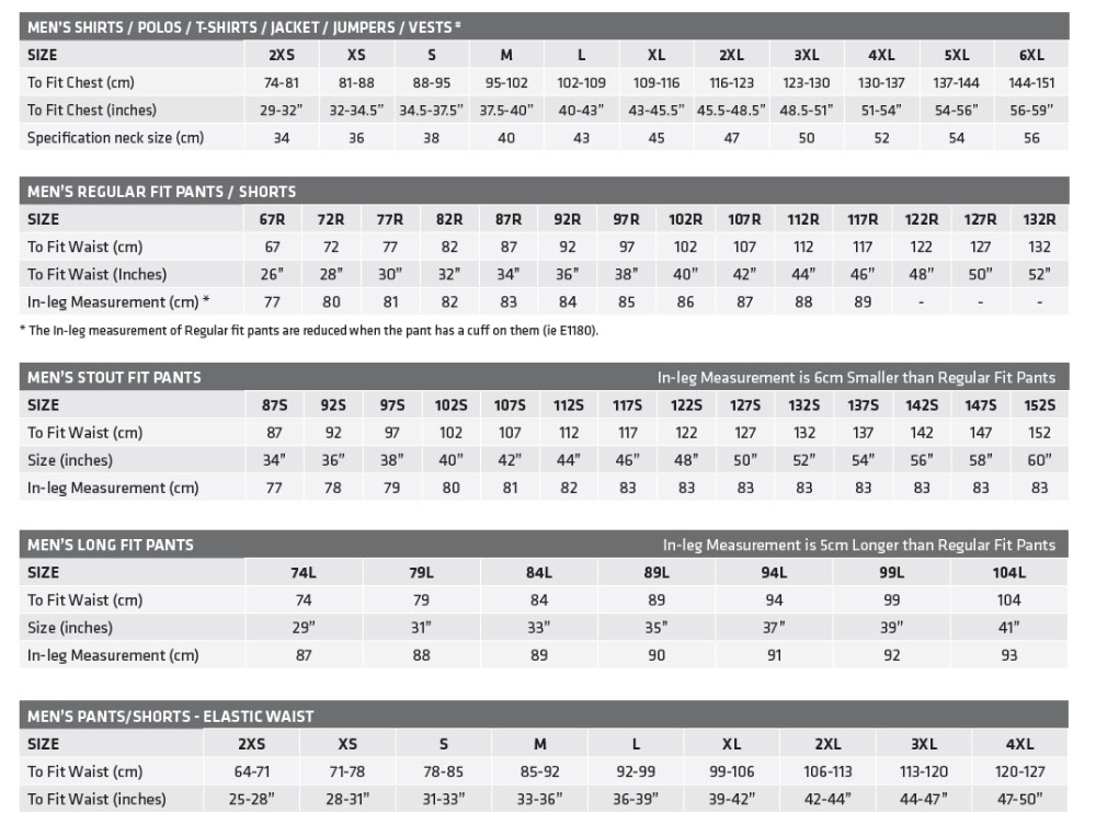 Size Chart Men 39 s Pants
