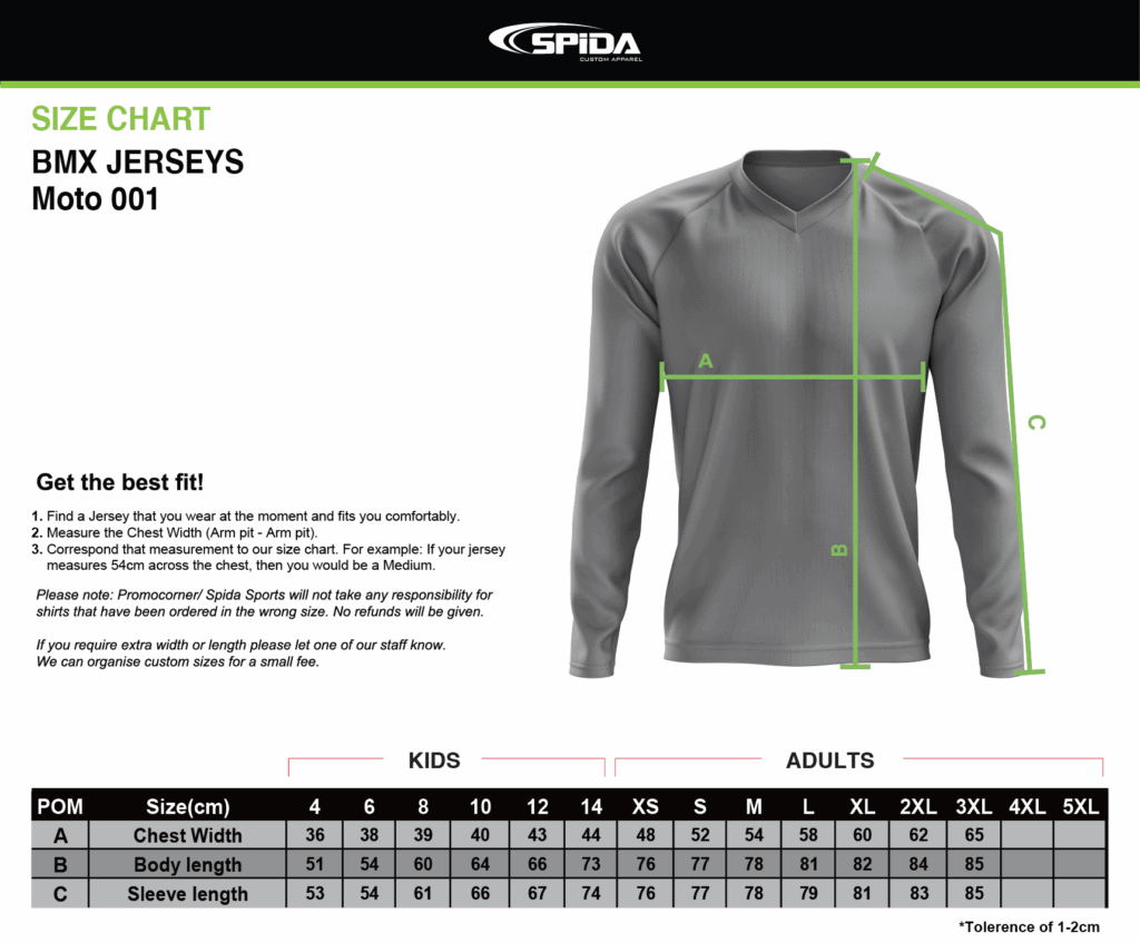 SIZE CHARTS Spida Custom Apparel Size Chart
