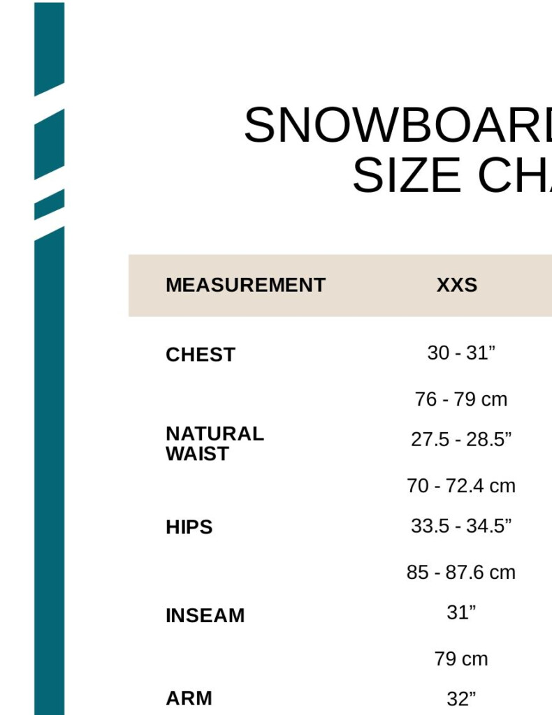 Snowboard Pants Size Chart PDF Template