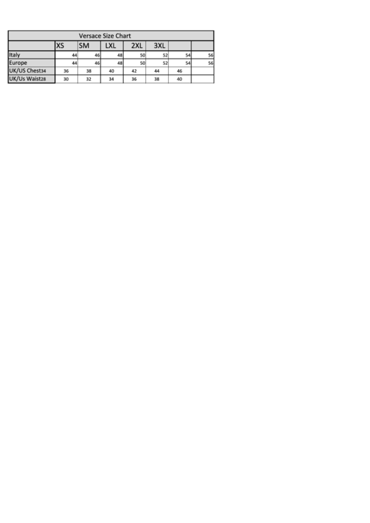 Versace Size Chart Printable Pdf Download