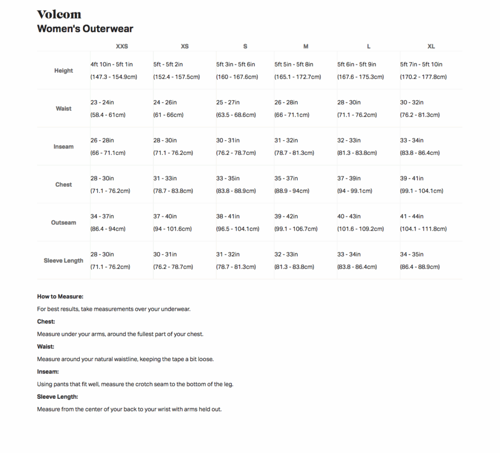 Volcom Size Chart A Visual Reference Of Charts Chart Master