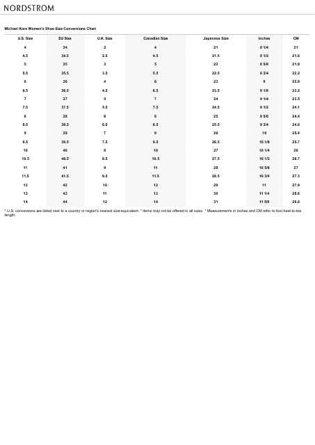 Women 39 s Shoe Size Conversions Chart Michael Kors Download Printable 